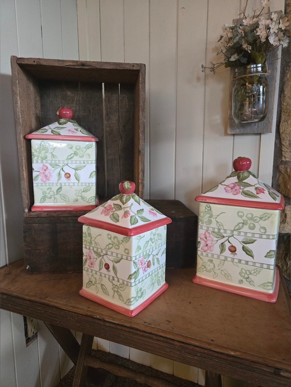 Capriware Apple Top Floral Square Ceramic Canisters - Set Of Three- Home Accents
